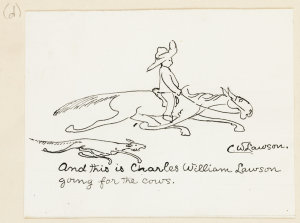 Cartoon drawing of a boy on his pony, with a dog at heel.