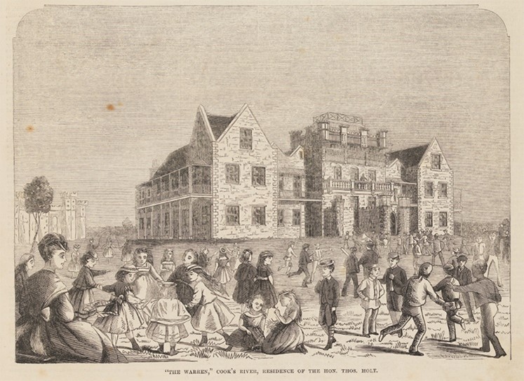 Nineteenth century drawing of a three story mansion, with a crowd of people enjoying themselves out front.